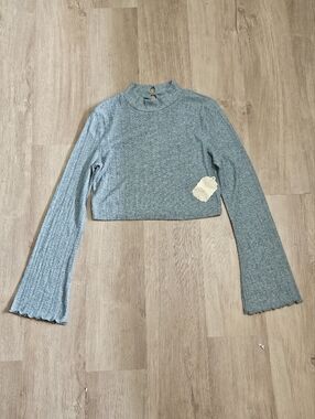 Altar'd State Sage Marbled Ribbed Pointelle Crop Top XL Mock Neck Bell Sleeve Bo
